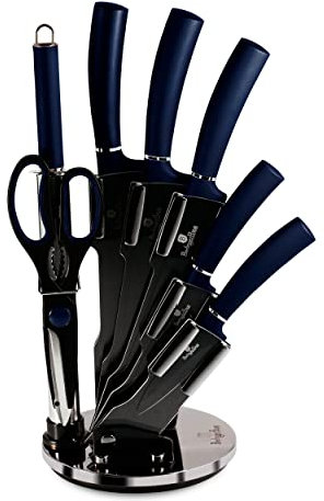 Berlinger Haus Aquamarine Juego Cuchillos Cocina Profesional 8 piezas, Acero Inoxidable Recubrimiento Antiadherente, Soporte Acrílico, Cocinero, Cebollero, Santoku, Chaira, Tijeras Diseño Metallic