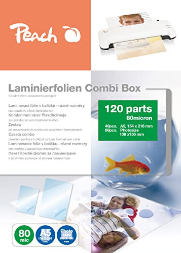Peach Laminierfolien 40x A5 & 80x 10x15cm Foto - 80 mic - 120 pouches - glänzend - kompatibel mit Laminiergeräten aller Markenhersteller - PPC500-04