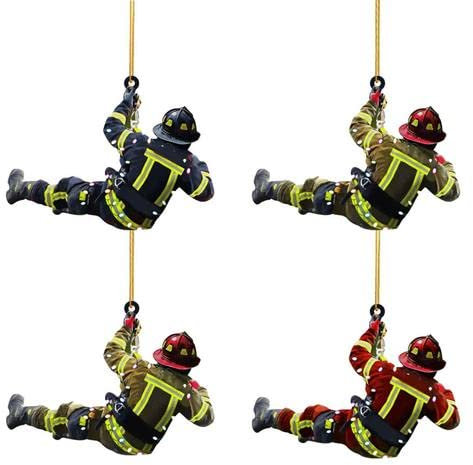 PW TOOLS Feuerwehrmann Weihnachtsschmuck, 4 x Weihnachtsbaum Feuerwehrmann Acryl Ornamente, Acryl Feuerwehrmann Anhänger Weihnachtsschmuck, für Wandfenster, Baum, Auto Rückspiegel Zubehör