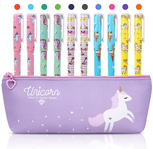 OFFCUP Einhorn Stifte Set, Unicorn Federmappe mit 10 Gelstifte, Geschenke für Mädchen und Jungen, Schreibwaren Set für Geburtstag, Lila
