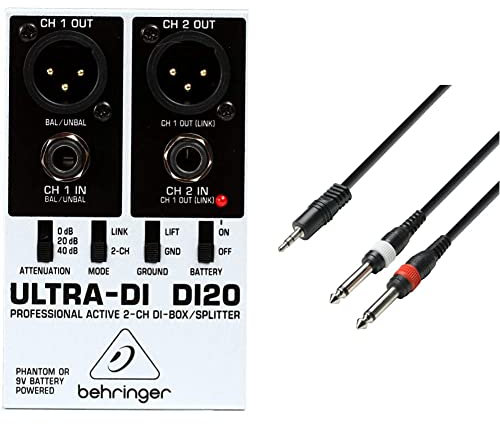 Behringer Best Price Square DI Box/Signal Splitter, DI-20 DI20 by Adam Hall Cables K3YWPP0300 Audiokabel 3,5mm Klinke Stereo auf 2 x 6,3mm Klinke Mono 3m