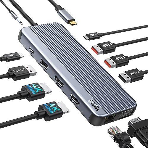 USB C Docking Station Triple Display, Selore 11 in 1 USB C Hub mit 2 * 4K@60Hz HDMI & 1080P VGA, USB C & 2 USB3.1 10Gbps, 2 USB 2.0, Gigabit Ethernet, 3.5mm Audio & Mic, 100W PD3.0 für Lenovo, Dell,HP