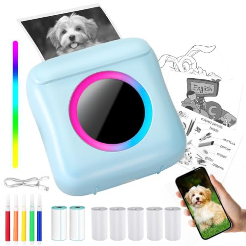 Mucek Mini Drucker für Smartphone, Pocket Printer mit 5 Papierrollen, Pinsel, Mini Printer mit 2 Etikettenpapieren, Mini SmartphoneBuntstiften, Aufklebern