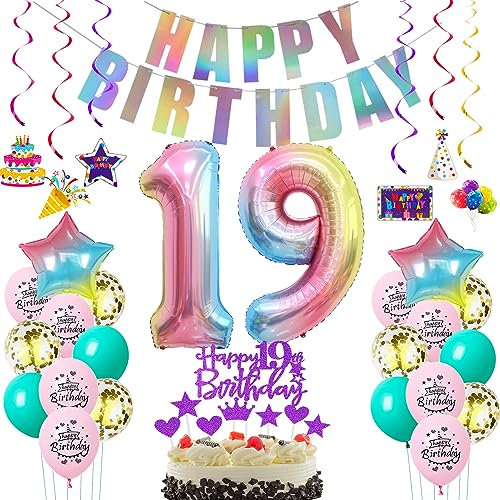 Deko 19. Geburtstag mädchen bunt,Geburtstagsdeko 19 jahre mädchen Rosa Luftballons 19 Geburtstag dekoration Regenbogen,Folienballon 19 Geburtstag deko mädchen Rosa Tortendeko 19 Geburtstag lila