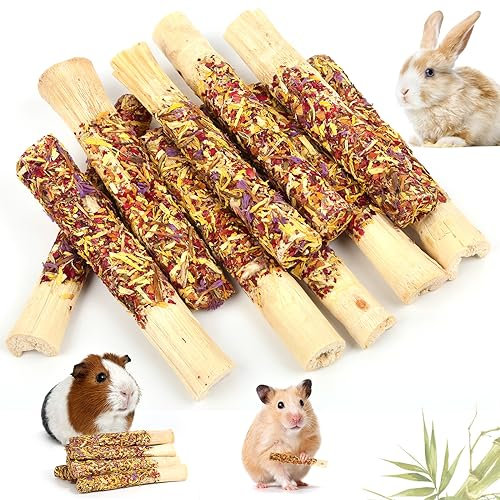 Abizoo Kauspielzeug für Kaninchen, 10 Sticks süße Bambus für Kaninchen mit Blütenblättern, Hasen Kauspielzeug für Meerschweinchen, Chinchilla, Hamster Snack, Holz Spielzeug für Zähne, Leckerli Zubehör