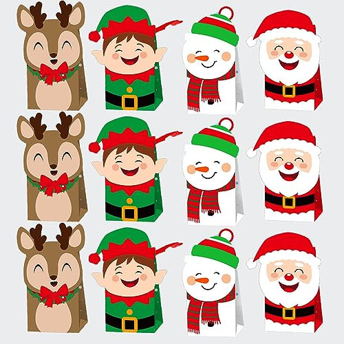 Changyeah 12 Stück Geschenktüten Weihnachten, Weihnachtspapiertüten mit Griff Weihnachtstüten zum Befüllen, Kraftpapier Weihnachts Geschenktaschen mit Weihnachtsdruck (22 x 12 x 8 cm)