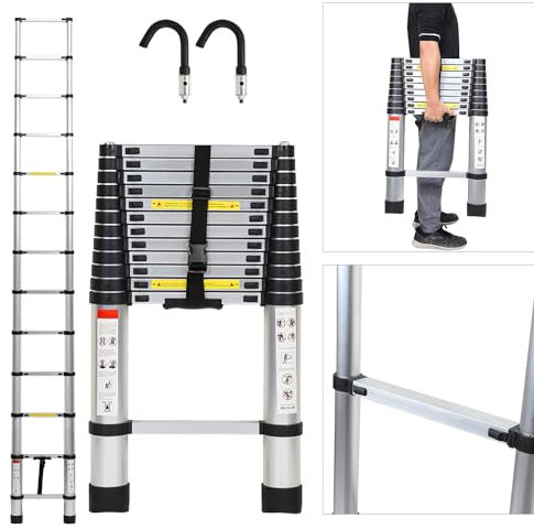Eulenke 3,8M Teleskopleiter, Rutschfester Aluminium Multifunktionsleiter, Stehleiter mit 2 mit Abnehmbarem Haken, Ausziehleiter 150 kg Belastbarkeit, Haushaltsleiter für Heim Werken, Silber