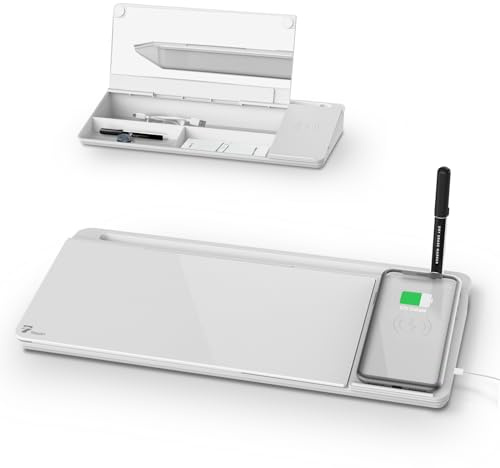 TOWON Desktop Glass Whiteboard with Wireless Charger Station, White Board Organizer for Desk, Desk Whiteboard with Storage and Device Charging, Deskboard Buddy, 34 x 17 CM