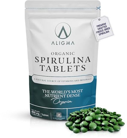 Aligma Bio-Spirulina-Tabletten 2000×500 mg zur Stärkung des Immunsystems, Super Grüns-Tabletten, natürliche Quelle für veganes Protein, Mineralien und Vitamine | Wiederverschließbare Verpackung