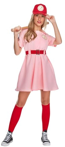 Morph Baseballspieler Kostüm Damen, Sportliches Halloween Kostüm Damen | Kleid, Socken & Hut, Rosa mit Baseball-Details, Zum Überziehen, Perfekt für Halloween, Ideal zum Verkleiden
