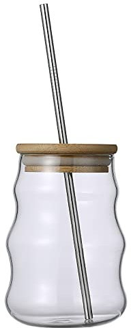 Vasos para Beber, Cristalería Acanalada, Vasos para Beber con Tapa de Bambú Y Pajita de Vidrio, Vasos de Vidrio Ipple, Tazas de Café Helado, Vasos para Bebidas con Forma de Onda para Whisky,(#2)