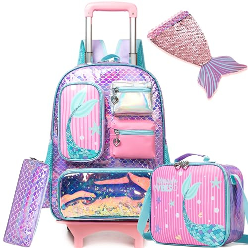 Meetbelify Meerjungfrau Rollender Rucksack für Mädchen Rucksack mit Rädern für Grundschüler Kinder Schultasche mit Lunch-Box Federmäppchen für Mädchen im Alter von 6-8 Jahren alt