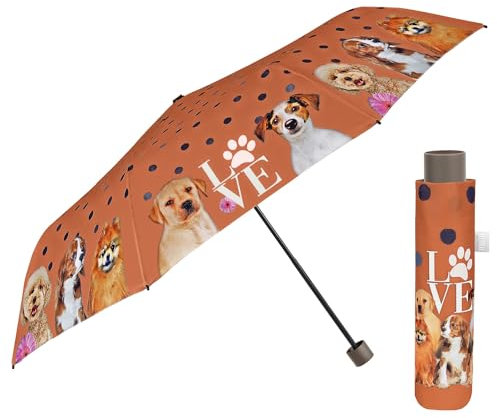 PERLETTI Regenschirm Kompakt Handtasche für Damen - Taschenschirm Manuell für Frauen Mädchen - Damenschirm Regen Schirm Sturmfest Leicht Mini - Durchmesser 97 cm (Braun mit Hündchen)