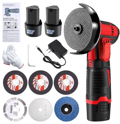 Mini Smerigliatrice Angolare Senza Fili, 19500RPM 12V Professionale Smerigliatrice con Batteria agli Ioni di Litio 2 * 1500mAh | 6 Dischi Da Troncare 76mm Smerigliatrice a Batteria (Rosso)
