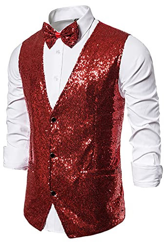 Chdirnely Herren Weste Pailletten Jacken für Männer Glitzer Weste Pailletten Kleid Anzug Weste V Ausschnitt Sparkly Weste für Party Club Urlaub Halloween, wein, L