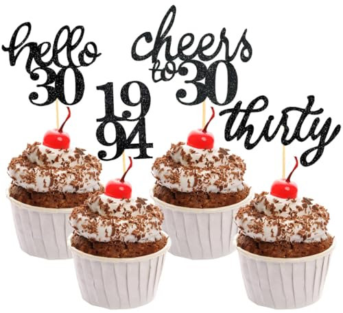 30. Geburtstag Cupcake Topper, 24 Stück Glitzer Kuchen Deko Tortendeko 30 Geburtstag Männer Frauen Geburtstagsdeko, von 1994 für 30 Geburtstag Deko Cake Decoration(Schwarz)