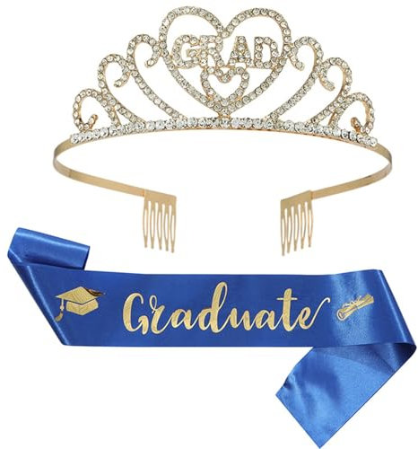 Abschlussklasse 2024 mit „I Graduated“-Schärpe, Abschlussschärpe, Abschlussparty-Zubehör, Schärpe für Abschlusspartys, Dekoration, Absolventenparty-Zubehör, Schärpe und Krone Halbe (Blue, S)