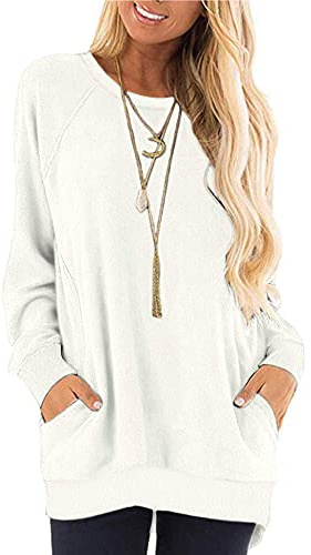 AUSELILY Damen Langarmshirts Rundhals T Shirts Blusen Tunika Sweatshirt Pullover Mit Taschen
