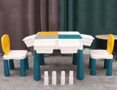Florappy Kid's Multi-Function Activity Table and Chair Set - Waterproof, Toy Storage, Paddling Pool, Sandpit, Building Block Compatible (1Table+2Chair, 51x51x51cm)