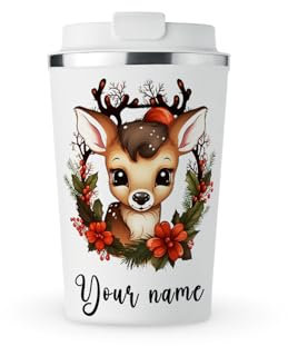 MAXIKIWI - Personalized Insulated Double Walled, Leakproof Stainless Steel Mug, Coffee or Tea Travel Tumbler with Lid, Keep Drinks Hot and Cold - Christmas Reindeer - 350ml