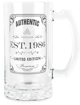 Purely Home Born in 1986 Gift Glass Stein - Vintage Beer Glass Present - 450ml Drinking Cup/Tankard Mug with Handle Gifts for Birthdays