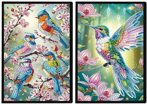DCIDBEI 2 Pack Diamond Painting Notizbuch A5 Blanko Diamant Painting Notizbücher Diamant Malerei Diamonds Geheimes Tagebuch Skizzenbuch für Erwachsen Sketchbook Vögel und Blumen Kolibri
