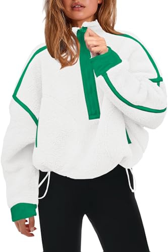 Panadila Womens Half Zip Sherpa Fleece Pullover Soft Oversized Sweatshirt with Pockets Warm Fuzzy Sweater, White Green Combo, XL