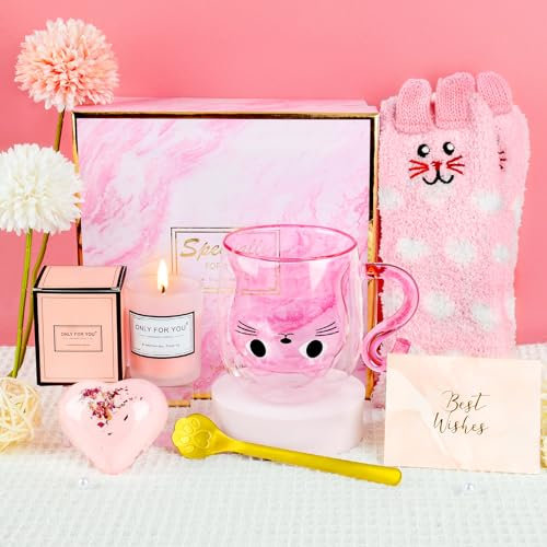 Cat Mug Sets, Birthday Gifts for Women, Double Wall Glass Cute Cat Tea Cup Coffee Mug, Birthday Pamper Gifts for Her, Wife, Sister, Daughter, Best Friends, Girlfriend, Bestie (Pink)