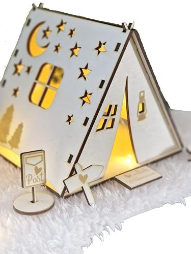 Panimel Wichteltür Zelt aus Holz mit Dekorationen, ideal als Wichtelhäuschen für Weihnachten