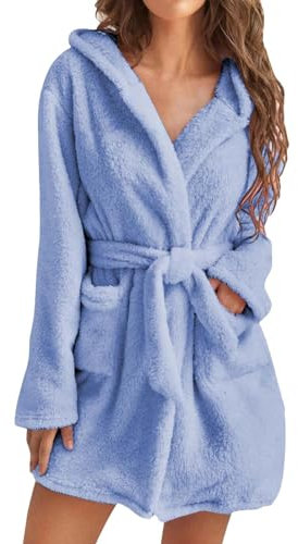 Damen Leichter Plüsch Bademantel mit Kapuze, gemütlicher kurzer Morgenmantel mit Gürtel, einfarbig, Damen-Schlafmantel, weicher Fleece-Loungemantel, warme Winter-Homewear, entspannte Passform, blau,