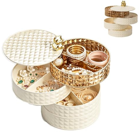 Tissting Schmuckkästchen 4 Ebenen Drehbar Acryl Schmuckaufbewahrung | Rotation Acryl Ohrringhalter Ringorganizer mit Mehreren Fächern für Schminktisch Reise