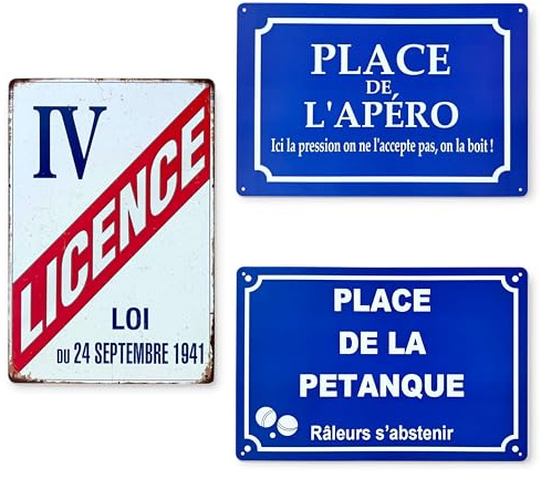 3 Metallschilder im Vintage-Stil, 30 x 20 cm: Aperio, Lizenz 4, Boccia