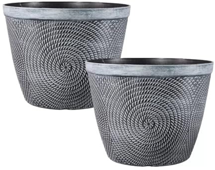 Round Grey Plastic Plant Pot 30cm Spiral Effect 11.5L Garden Indoor Outdoor Planter Cover Drainage Holes, Weather, Frost Proof (2)