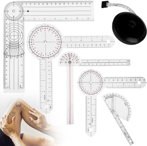 Set di 6 goniometri da 20,3 cm, 15,2 cm, 180, 360, dito, spinale, metro a nastro, goniometro per dita della colonna vertebrale, per misurazione del corpo, goniometro e righello