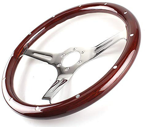 LUOKEKE Sportlenkrad Klassische Mahagoni-Holz-Getreide-Braun-Trimm-Rennsteuerungsrad mit Niet 15inch 38 cm Universal-Auto-Sport-Lenkrad Holzlenkrad