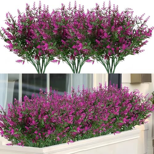 12 Bouquets Plante Artificielle Exterieur Lavande Artificielle Fleurs Artificielles Balcon Adaptées pour Balcon Intérieur et Extérieur, Boîte de B alcon de Jardin(Rouge)