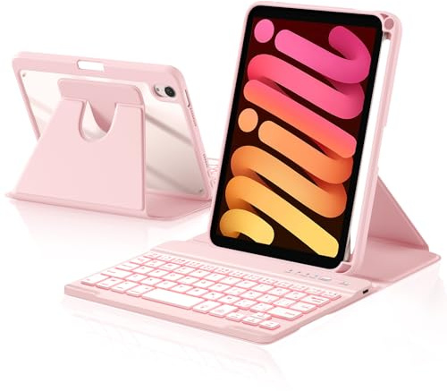 Harvopu Pour iPad mini 7 A17 Pro/6 Generation Keyboard Case 2024/2021 8,3 pouces, 360° Rotating Clear Back Cover with 7 Color Backlit Keyboard Detachable, Pencil Holder for iPad mini 7th / 6th Gen