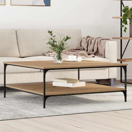 Holamys Couchtisch Eiche Handwerklich, 100x100x40 cm Holzwerkstoff, Quadratisch mit Ablage, Moderner Sofatisch für Wohnzimmer, Robuster Beistelltisch Industrial Stil