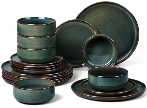 HaWare Dinner Set, 18 Piece Stoneware Dinnerware Service for 6, Reactive Glaze Dining Ware Include Plates and Bowls, Chip and Scratch Resistant, Microwave & Dishwasher Safe, Moss Green