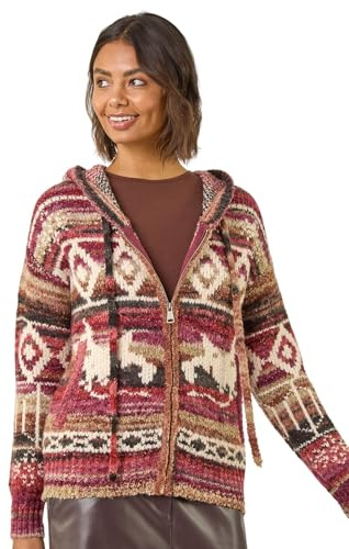 Roman Women Jumper with Hood Ladies Winter Knitted Hoodie with Pockets Fairisle Nordic Aztec Print Hooded Sweater Knit Knitwear Autumn Flattering Casual Smart