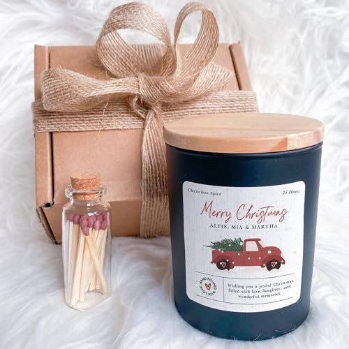 Pomchick - Christmas Scented Candle with Names Gift for a Family Her Him Personalised Gift Set Christmas Tree Truck Design Cosy Vegan Xmas Present