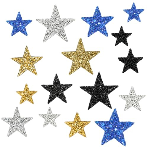 18 Stück Stern Aufbügelbilder Patches zum Aufbügeln Strass Stern Aufnäher zum Aufbügeln Bügelbilder Schwarz Königsblau Silberweiß Gold für Kleidung T-Shirt Hosen Jeans Hüte