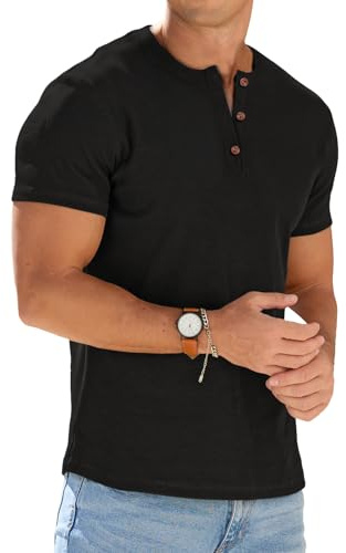 Sailwind Mens Muscle Henley Shirts Lightweight Workout T-Shirt Gym Tee Athletic Short Sleeve with Button Black