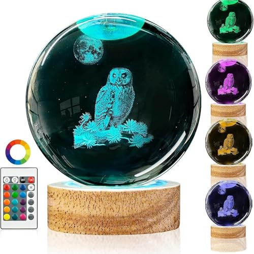3D Illusion Nachtlicht Eulengeschenke für Frauen, 80 mm 3D-Eulenfigur Kristallkugel Lampe mit Fernbedienung 16 Farben Ändern, Eulendekoration für Schlafzimmer, Geburtstags- und Weihnachtsgeschenke