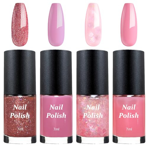 4PCS Glossy Nagellack Schnelltrocknend Set - Cute Pink Style Nagellack Glitzer - Haltbarer Nail Polish Quick Dry Glitter - Ohne UV Lampe für Frauen DIY Naildesign Art Home