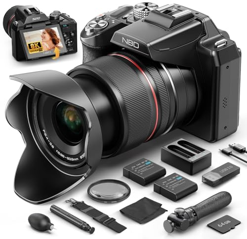 NBD Appareil Photo Numérique 5K 64MP - Zoom Optique 16X | Hot Shoe Professionnel | Écran IPS 2.8 180° Rotatif | WiFi & Transfert Rapide | Kit 64Go SD + 2 Batteries (Noir)