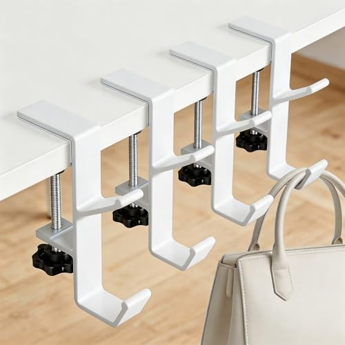 Xnqelerate 4Pcs Handbag Hooks for Tables, Adjustable Bag Hooks for Table, No-Drill Table Bag Hook, Hook Clamp for Cords, Bags, Mug, Towels, Shoes, Cap, Purse, Headphone (2-Hook, White)