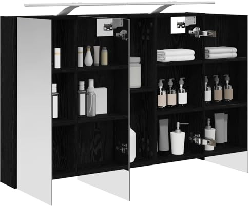 vidaXL Badezimmerspiegelschrank mit Regal mit Tür Schwarz Eichen-Optik, Badezimmer Aufbewahrung, rechteckiger Schrank, modernes Design, platzsparender Wandspiegel, verstellbares Regal, Organizer