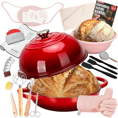 LINMAGCO Gusseisen Brotbacktopf mit Deckel & Gärkorb – Emaille Dutch Oven für Sauerteigbrot – 4,6L Brotform mit Banneton – Komplett-Set zum Backen, Schmoren & Braten – Für Induktion & Backofen(Rot)