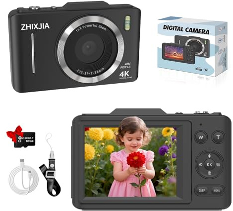 Digital Camera, 1080P FHD 4K 48MP Autofocus Compact Digital Camera with 2.8 LCD Screen, 16X Digital Zoom Digital Cameras with 32GB Card, Vlogging Camera for Kids Beginners Teens Students, Black